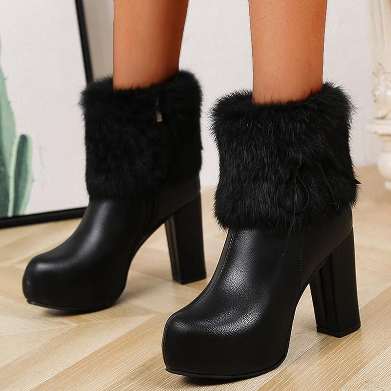 woobles Winter Boot for Women,Women Round Toe Platform Booties Ladies Cute Chunky High Heel Snow Ankle Boot Wedge Zipper Slip On Boot Causal Walking Dress Shoe, Black-2, 11 - Image 2